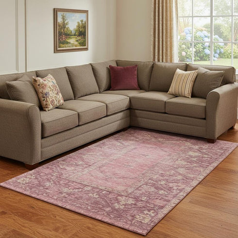 8' X 10' Blush And Beige Oriental Washable Area Rug With UV Protection