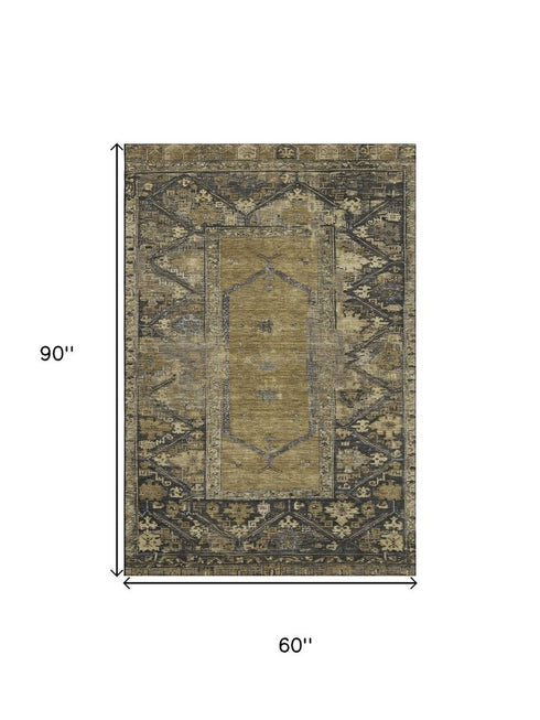 5' X 8' Brown And Charcoal Oriental Washable Area Rug With UV Protection