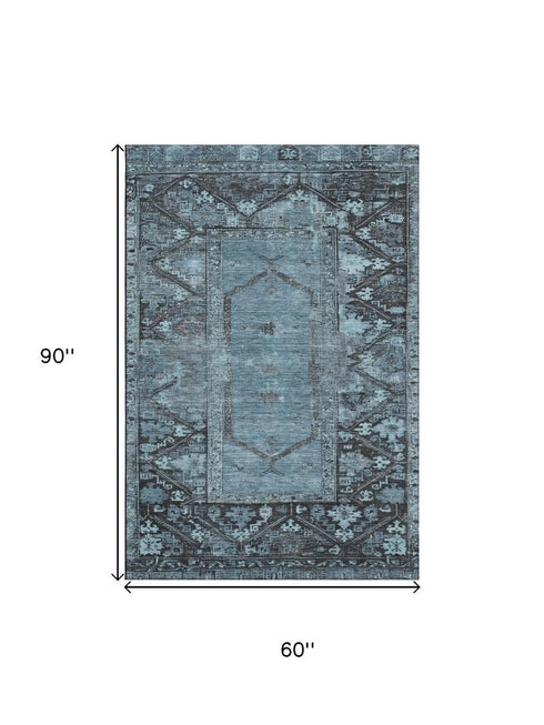5' X 8' Blue And Charcoal Oriental Washable Area Rug With UV Protection