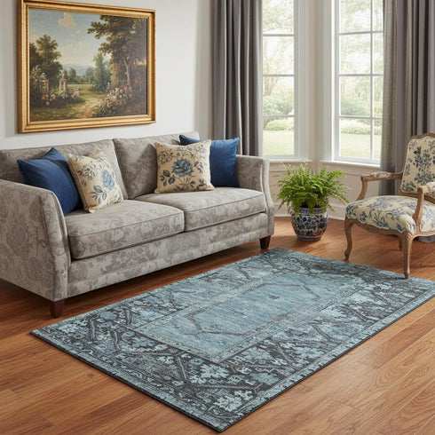 5' X 8' Blue And Charcoal Oriental Washable Area Rug With UV Protection
