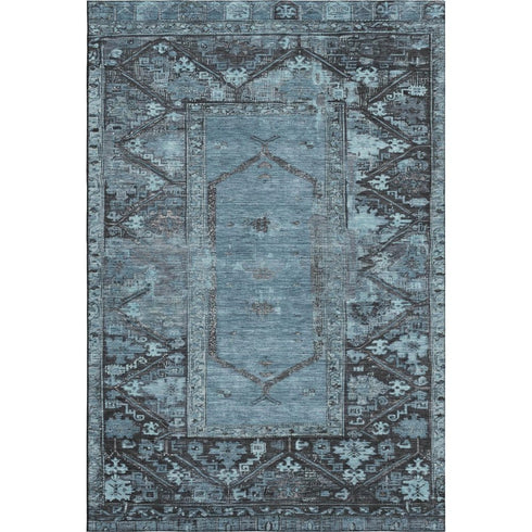 5' X 8' Blue And Charcoal Oriental Washable Area Rug With UV Protection