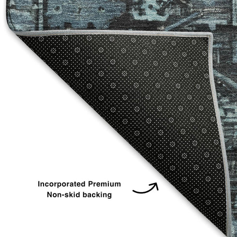 5' X 8' Blue And Charcoal Oriental Washable Area Rug With UV Protection