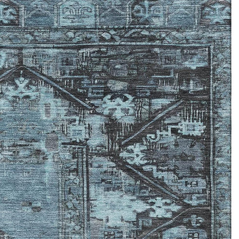5' X 8' Blue And Charcoal Oriental Washable Area Rug With UV Protection