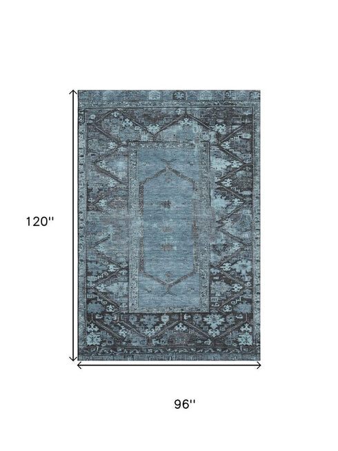 8' X 10' Blue And Charcoal Oriental Washable Area Rug With UV Protection