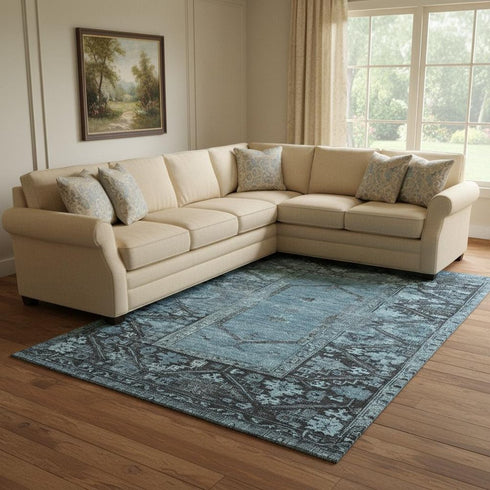 8' X 10' Blue And Charcoal Oriental Washable Area Rug With UV Protection
