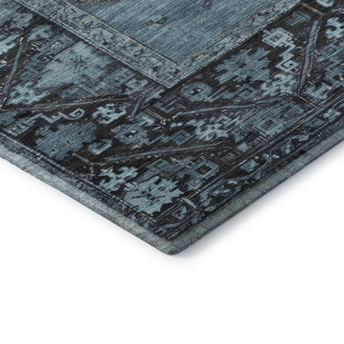 8' X 10' Blue And Charcoal Oriental Washable Area Rug With UV Protection
