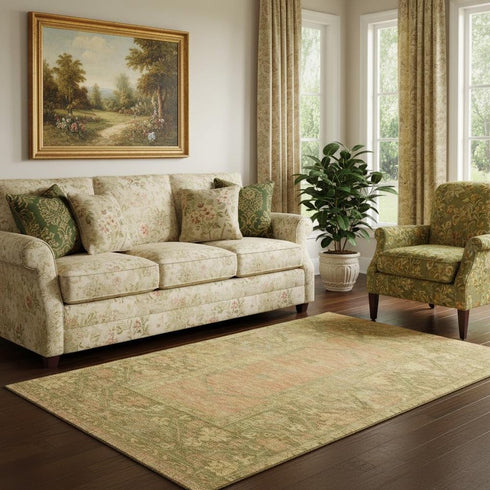 5' X 8' Coral And Gold Oriental Washable Area Rug With UV Protection