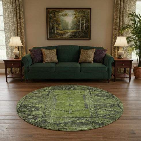 8' Olive Green And Charcoal Oriental Washable Round Rug With UV Protection