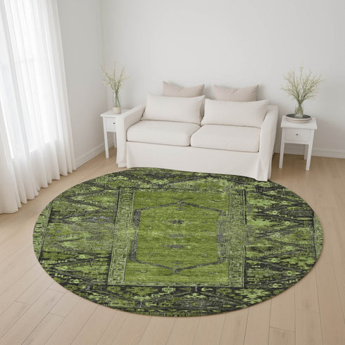 8' Olive Green And Charcoal Oriental Washable Round Rug With UV Protection