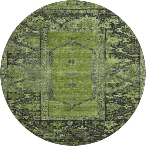 8' Olive Green And Charcoal Oriental Washable Round Rug With UV Protection