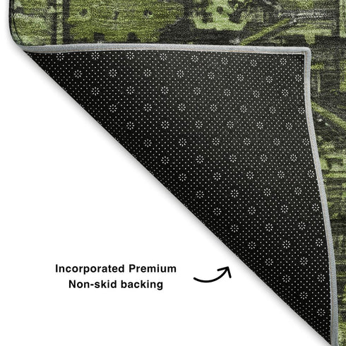 8' Olive Green And Charcoal Oriental Washable Round Rug With UV Protection