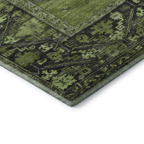 8' Olive Green And Charcoal Oriental Washable Round Rug With UV Protection