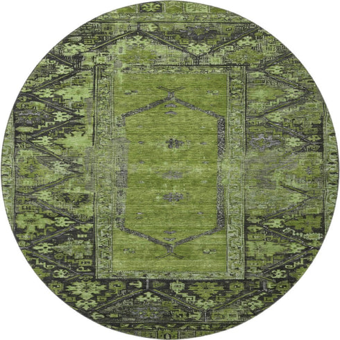 8' Olive Green And Charcoal Oriental Washable Round Rug With UV Protection