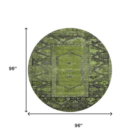 8' Olive Green And Charcoal Oriental Washable Round Rug With UV Protection