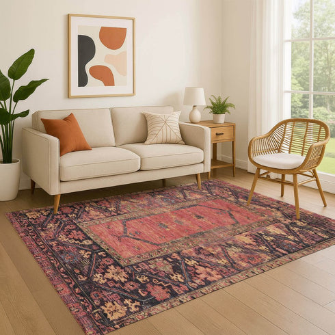 9' X 12' Salmon And Charcoal Oriental Washable Area Rug With UV Protection
