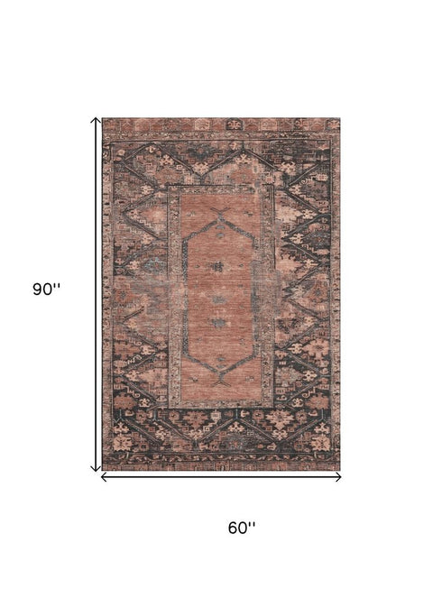 5' X 8' Terra Cotta And Charcoal Oriental Washable Area Rug With UV Protection