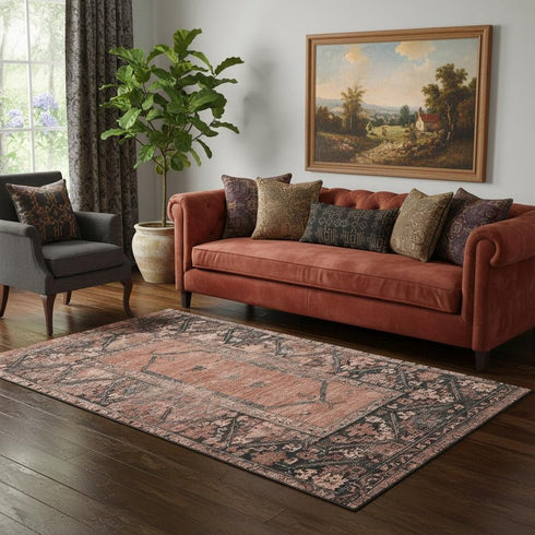 5' X 8' Terra Cotta And Charcoal Oriental Washable Area Rug With UV Protection