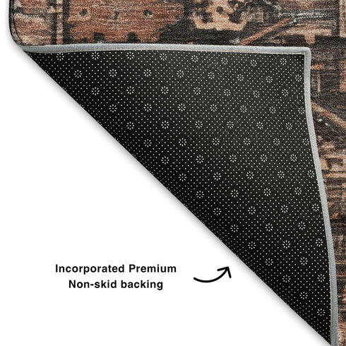 5' X 8' Terra Cotta And Charcoal Oriental Washable Area Rug With UV Protection