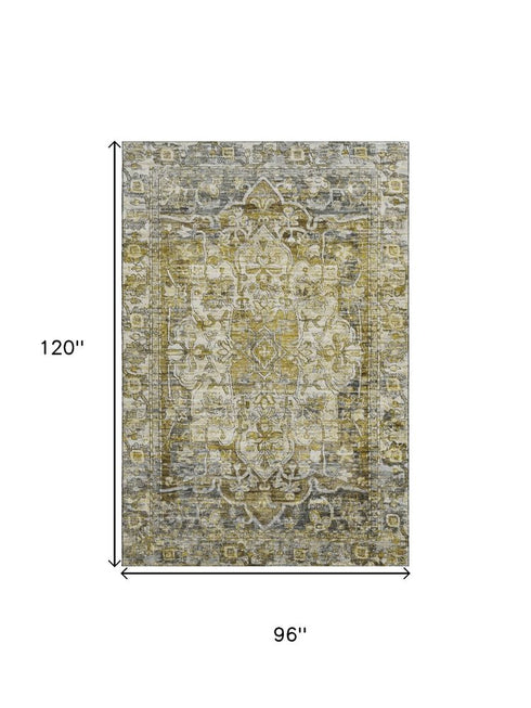 8' X 10' Pewter Gold And Ivory Oriental Washable Area Rug With UV Protection