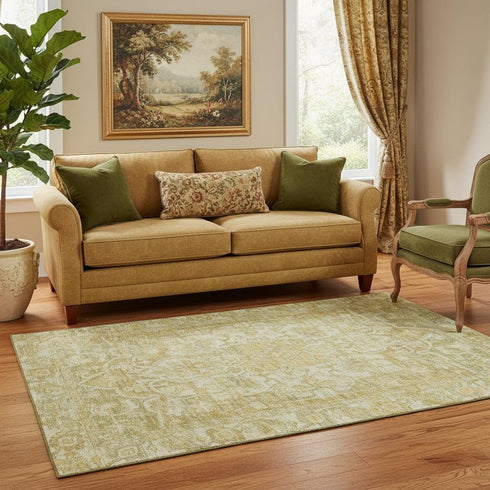 5' X 8' Tan Gold And Ivory Oriental Washable Area Rug With UV Protection