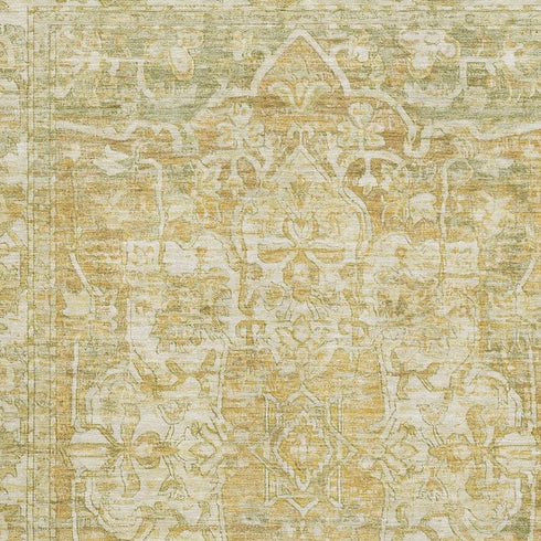 5' X 8' Tan Gold And Ivory Oriental Washable Area Rug With UV Protection