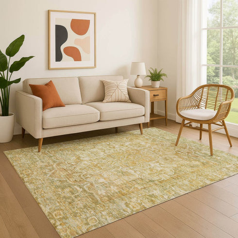 8' X 10' Tan Gold And Ivory Oriental Washable Area Rug With UV Protection