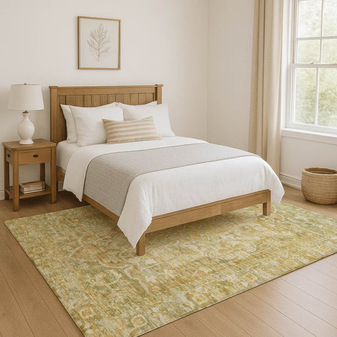 8' X 10' Tan Gold And Ivory Oriental Washable Area Rug With UV Protection