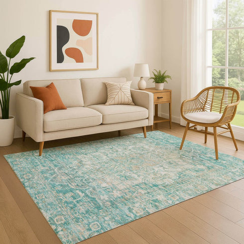 5' X 8' Teal Ivory And Beige Oriental Washable Area Rug With UV Protection
