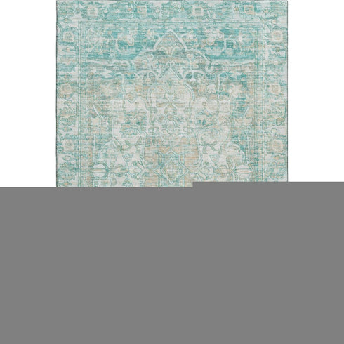 5' X 8' Teal Ivory And Beige Oriental Washable Area Rug With UV Protection