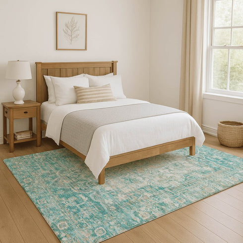 5' X 8' Teal Ivory And Beige Oriental Washable Area Rug With UV Protection