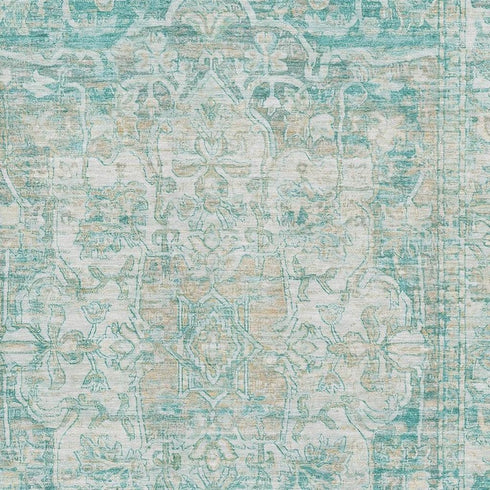5' X 8' Teal Ivory And Beige Oriental Washable Area Rug With UV Protection