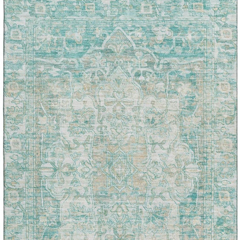5' X 8' Teal Ivory And Beige Oriental Washable Area Rug With UV Protection