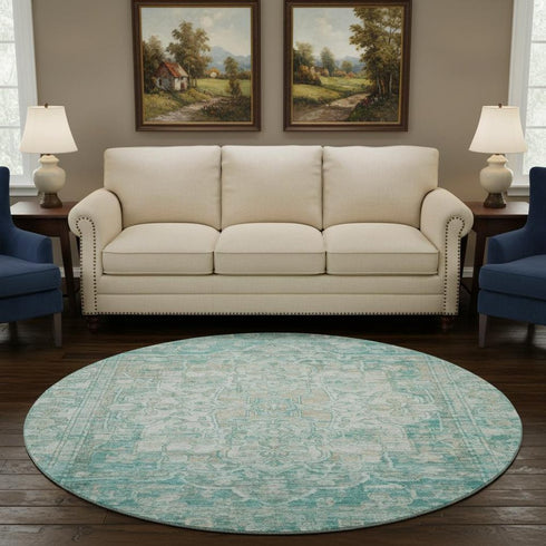 8' Teal Ivory And Beige Oriental Washable Round Rug With UV Protection
