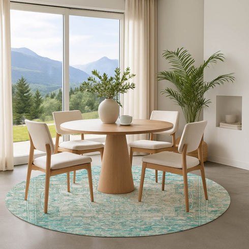 8' Teal Ivory And Beige Oriental Washable Round Rug With UV Protection