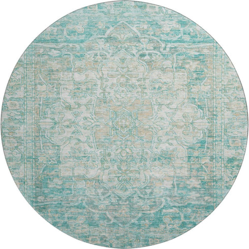 8' Teal Ivory And Beige Oriental Washable Round Rug With UV Protection