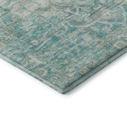 8' Teal Ivory And Beige Oriental Washable Round Rug With UV Protection