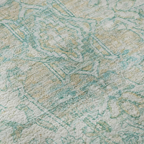 8' Teal Ivory And Beige Oriental Washable Round Rug With UV Protection