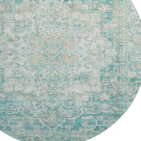 8' Teal Ivory And Beige Oriental Washable Round Rug With UV Protection