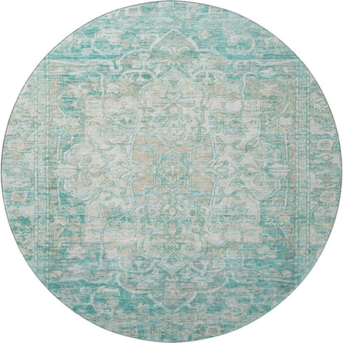 8' Teal Ivory And Beige Oriental Washable Round Rug With UV Protection