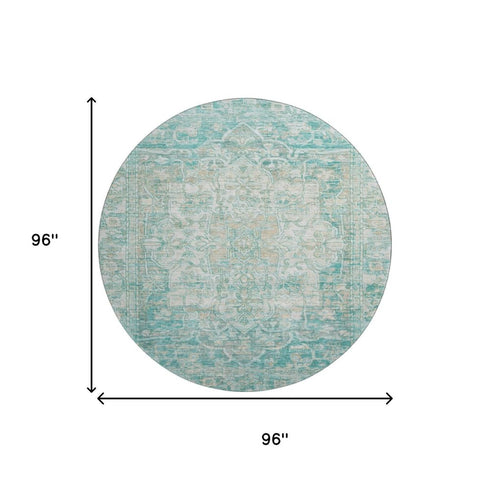 8' Teal Ivory And Beige Oriental Washable Round Rug With UV Protection