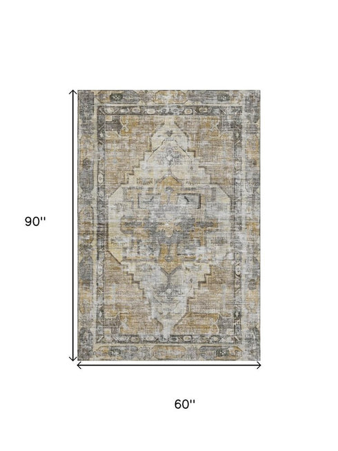 5' X 8' Brown Gray And Silver Oriental Washable Area Rug With UV Protection