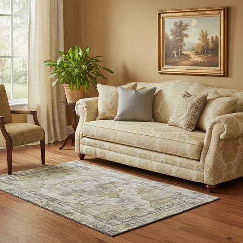 5' X 8' Brown Gray And Silver Oriental Washable Area Rug With UV Protection