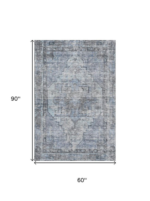 5' X 8' Blue And Gray Oriental Washable Area Rug With UV Protection