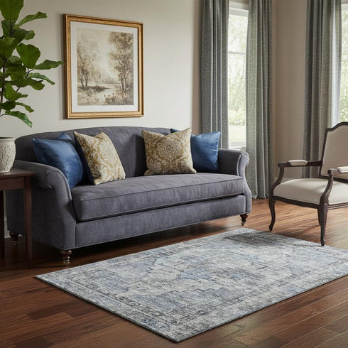 5' X 8' Blue And Gray Oriental Washable Area Rug With UV Protection