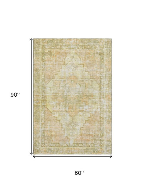 5' X 8' Gold And Ivory Oriental Washable Area Rug With UV Protection
