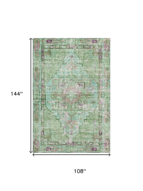 9' X 12' Artichoke Green Lavender And Teal Oriental Washable Area Rug With UV Protection
