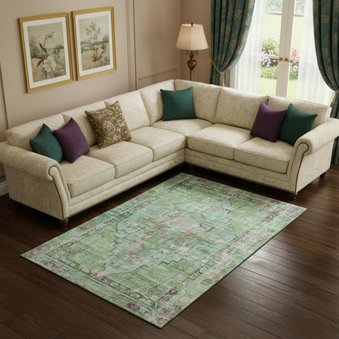 9' X 12' Artichoke Green Lavender And Teal Oriental Washable Area Rug With UV Protection
