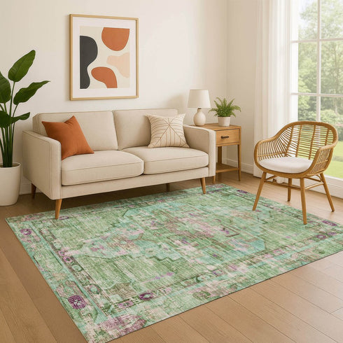 9' X 12' Artichoke Green Lavender And Teal Oriental Washable Area Rug With UV Protection