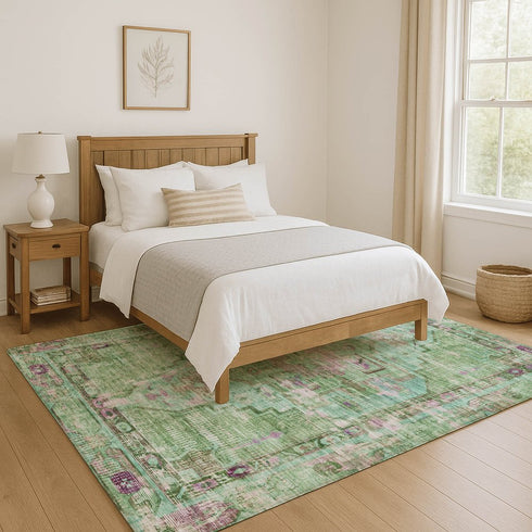 9' X 12' Artichoke Green Lavender And Teal Oriental Washable Area Rug With UV Protection