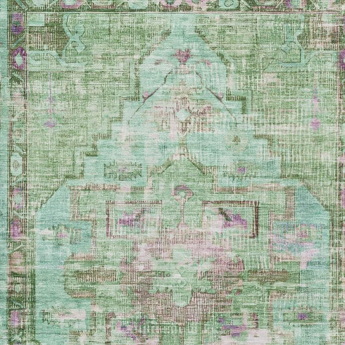 9' X 12' Artichoke Green Lavender And Teal Oriental Washable Area Rug With UV Protection